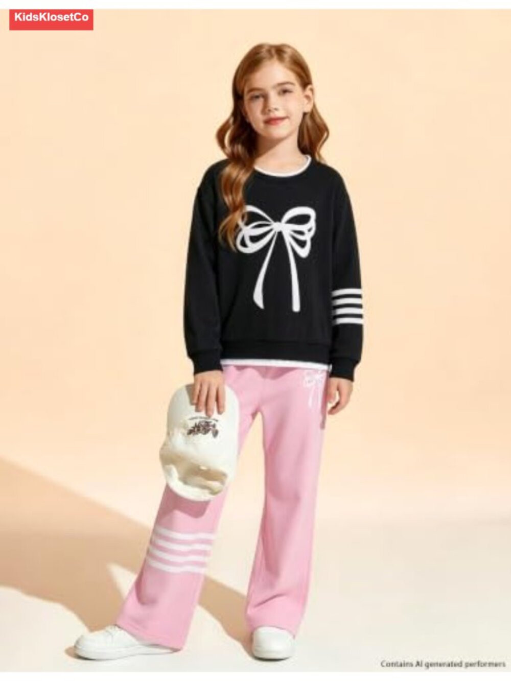 Girls Bow Print Sweatshirt & Striped Jogger Pants Outfit Set - Picture 3 of 6